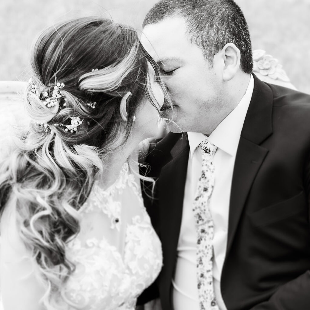 Wedding couple kissing black and white photo Rolling Meadows Ranch Cincinnati Ohio