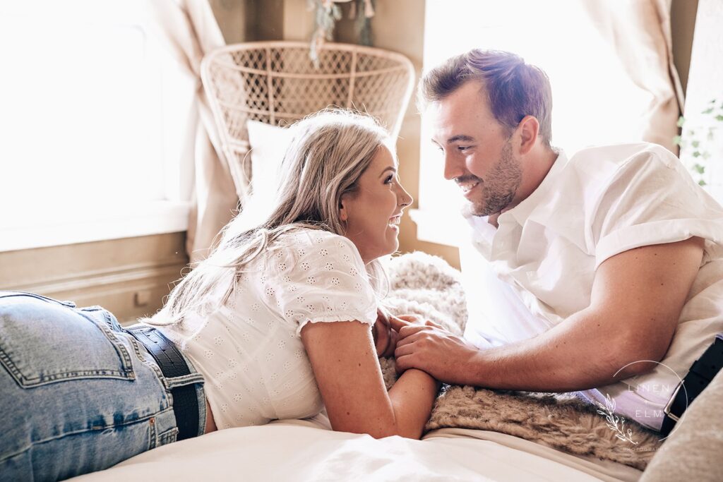 Engagement Session Indoor Studio Couple On Bed