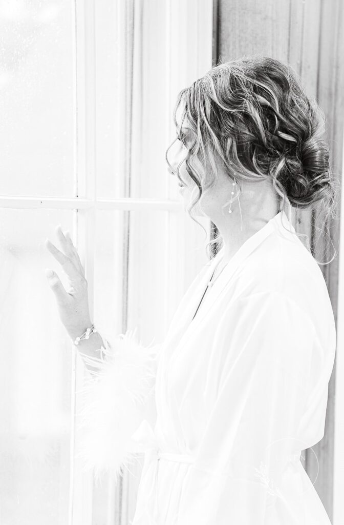 Bride Portrait Black And White Gazing Out Window