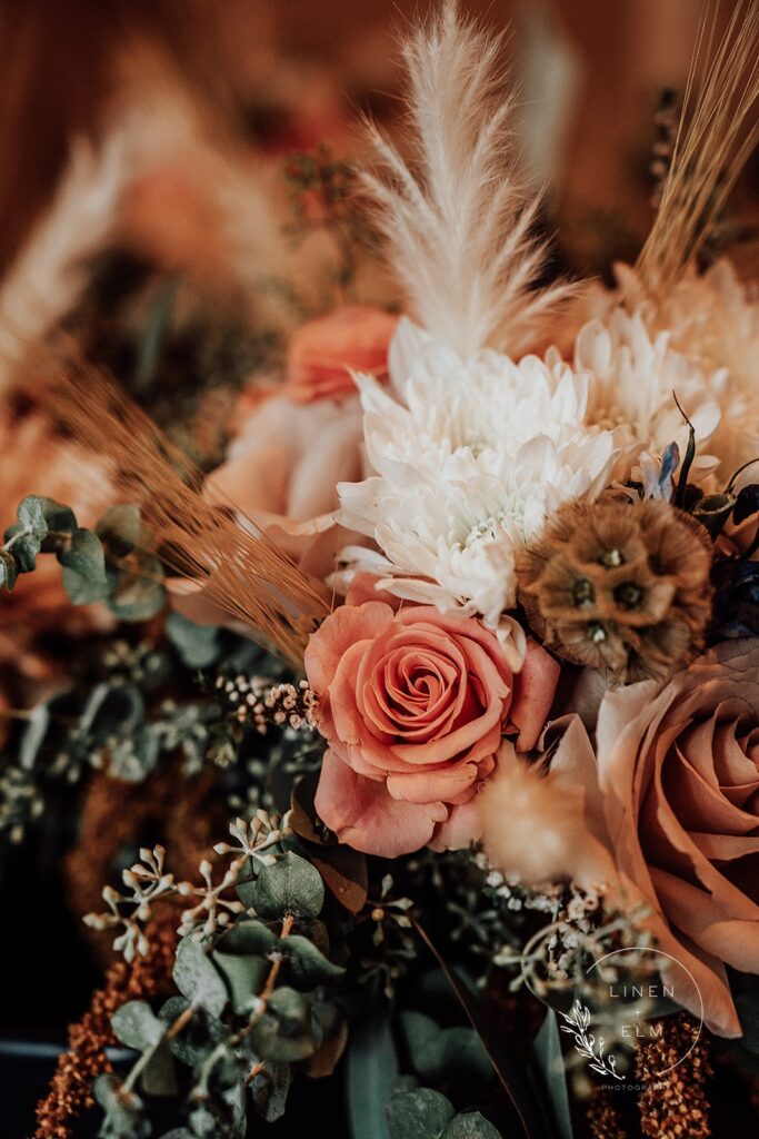 Floral bouquet close up Cincinnati barn Wedding at Cedar Bay Farm by Linen Elm Photography |