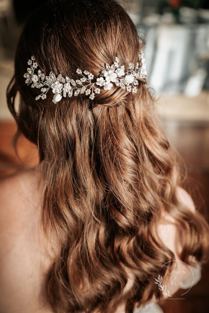 Bridal hair close up of embellished hair comb lbgtq wedding photgography