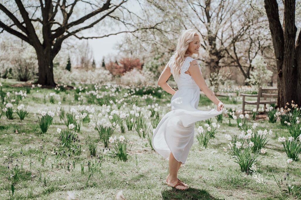 Daffodil field girl in white dress at Cox Arboretum Dayton Ohio