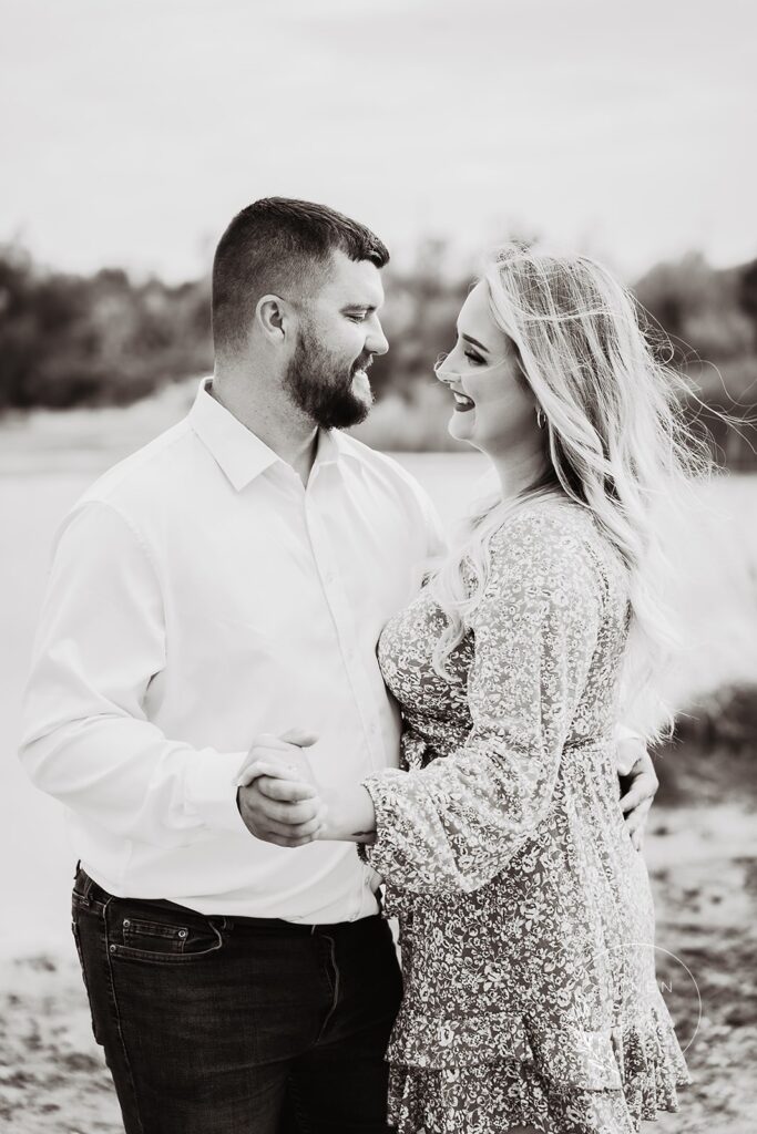 Couple dancing in Ohio park black and white image, Bright Rustic Engagement Session Dayton Ohio