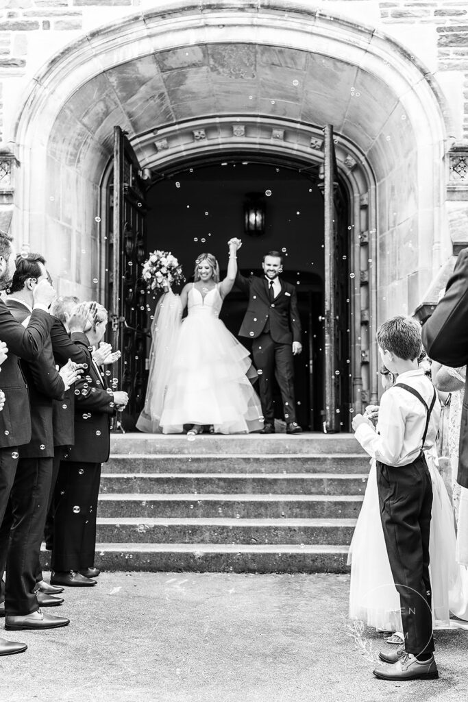 Cincinnati Wedding Photographer Bubbles Exit In Front Of Church Cincinnati Dayton Wedding Photographer Linen &Amp; Elm Photography Bridal Portrait Classic Bright Timeless Wedding Photographer Cincinnati Ohio Chicago_Illinois New_York New Destination Travel Fine Art High End_Luxury Wedding Engagement Elopement Photo Black White Elegant Traveling Travel