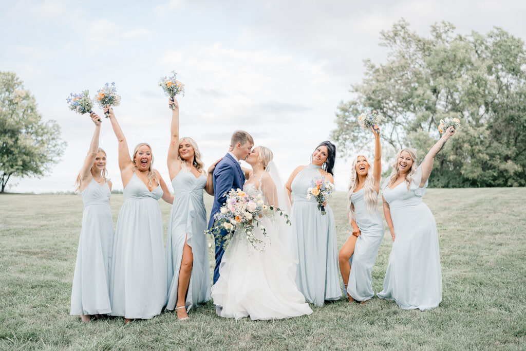 Cedar Bay Farm Wedding Bridesmaids Posing With Couple By Linen &Amp; Elm Photography
