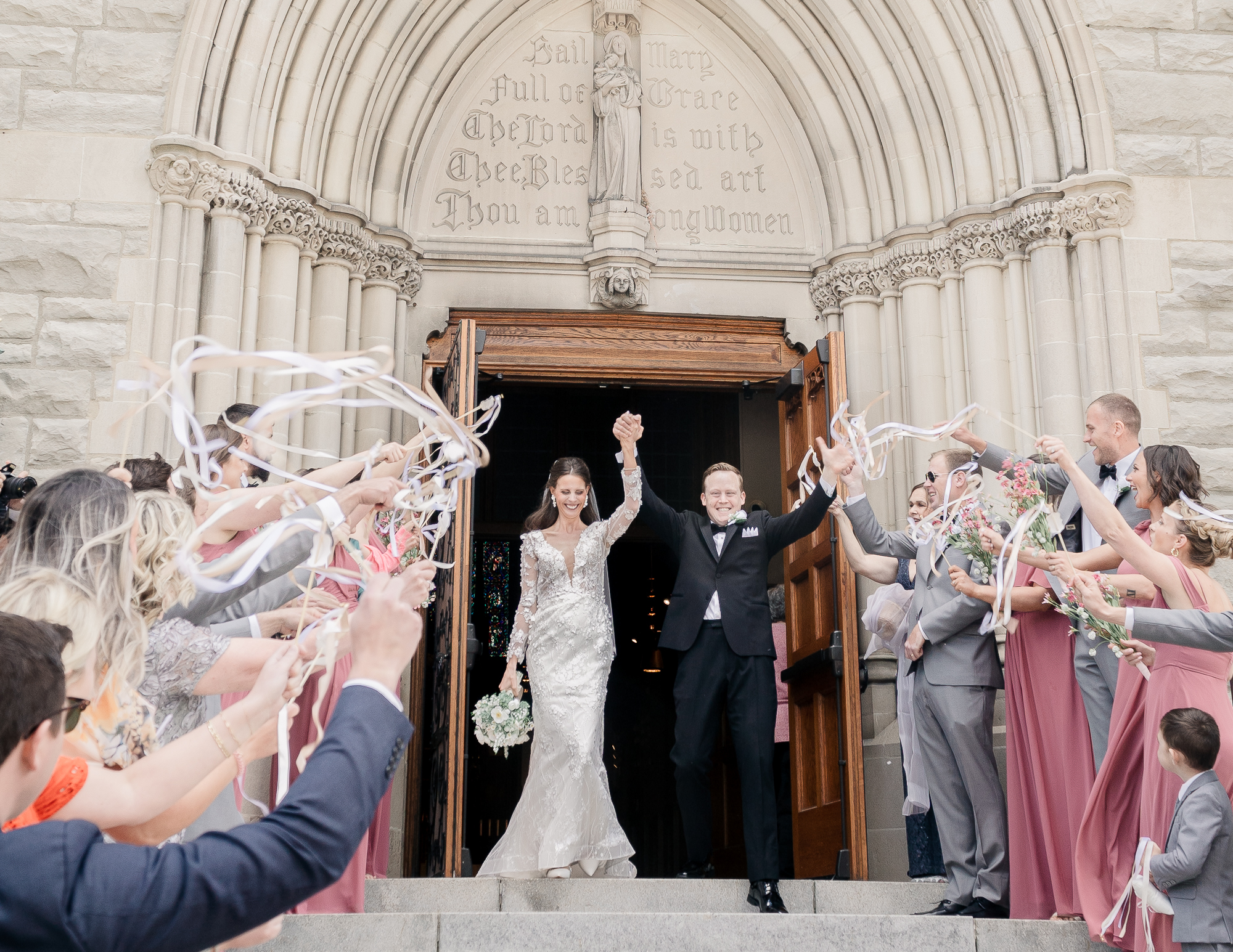 Kailee + Matthew | Linen &Amp; Elm Photography Couple Celebrating In Front Of St. Mary'S Church Hyde Park Cincinnati Wedding Photographer